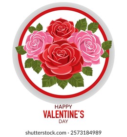 Happy Valentine's Day Greeting Card with Roses in Circular Frame Illustration.