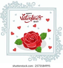 Happy Valentine's Day Greeting Card with Red Rose Flower, Hearts on White Background.