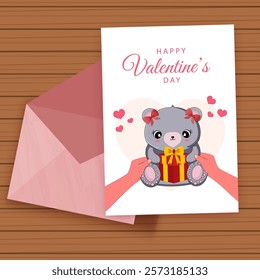 Happy Valentine's Day Greeting Card with Pink Envelope on Wooden Table.