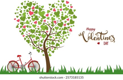 Happy Valentine's Day Greeting Card with Hearts Tree and Bicycle on Grass Background.