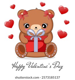 Happy Valentine's Day Greeting Card with Cute Teddy Bear Holding Gift and Hearts Decorated Background.