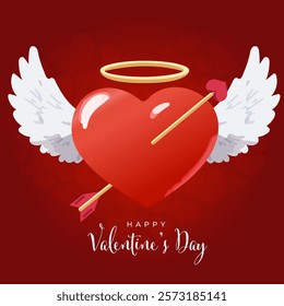 Happy Valentine's Day Greeting Card with Angel's Heart Pierced by an Arrow on Red Background.