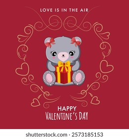 Happy Valentine's Day Greeting Card with Love Is In The Air Message Text and Cute Teddy Bear Holding Gift on Red Background.