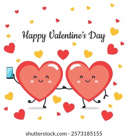 Happy Valentine's Day Greeting Card with Cartoon Hearts Couple Taking Selfie from Smartphone Illustration.