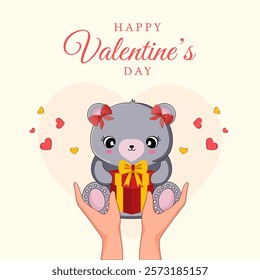 Happy Valentine's Day Greeting Card with Hands Holding Teddy Bear and Gift on White Background.