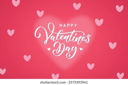 Happy Valentines Day greeting card design for print cards, poster, banner. Calligraphic hand drawn text lettering for Valentines Day decorated with hearts.