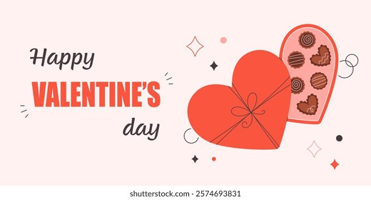 Happy Valentines Day greeting card with chocolate box in heart shape. Perfect for celebration Valentine Day, love couple, romantic gift. Vector illustration in flat style