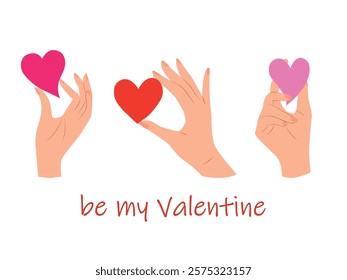 Happy Valentine's Day greeting card. Hands holding heart. Vector illustration.