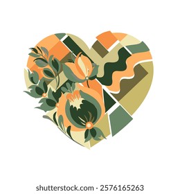 Happy Valentine's day. Greeting card with hearts and flowers. Heart made of abstract geometric pattern. Heart made of pieces that make up a whole