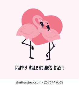 Happy valentines day greeting card with pink with a flamingo couple in love. Template of corporate postcard, banner or poster for valentine's day.