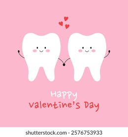 Happy Valentines Day greeting card with two cute smiling teeth characters holding hands on pink background. Holiday banner for dental clinic. Stomatology concept. Vector flat illustration