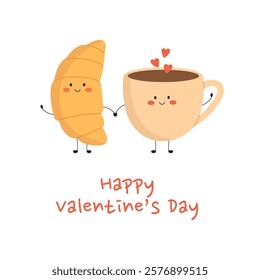 Happy Valentines Day greeting card with pair of cute smiling croissant and coffee mug characters holding hands on white background. Holiday banner for cafe, restaurant. Vector flat illustration