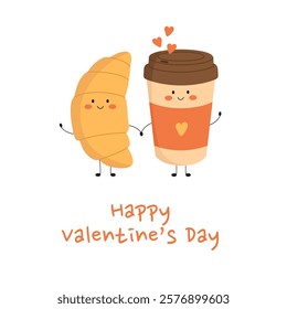 Happy Valentines Day greeting card with pair of cute smiling croissant and coffee cup characters holding hands on white background. Holiday banner for cafe, restaurant. Vector flat illustration