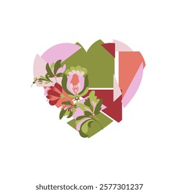 Happy Valentine's day. Greeting card with hearts and flowers. Heart made of abstract geometric pattern. Heart made of pieces that make up a whole