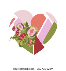 Happy Valentine's day. Greeting card with hearts and flowers. Heart made of abstract geometric pattern. Heart made of pieces that make up a whole
