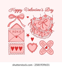 Happy Valentine's day Greeting Card with coquette doodles. Cute line love design templates and social media post. Vector hand drawn illustration