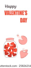 Happy Valentines Day greeting card with fortune cookies and jar with red hearts. Perfect for celebration Valentine Day, love couple, romantic gift. Vector illustration in flat style