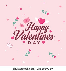 Happy Valentine's Day greeting card with elegant calligraphy, hearts, love letters, and gifts on a pink background. Perfect for romantic celebrations, love messages, and festive decorations.