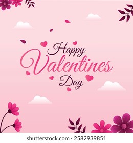 Happy Valentine's Day greeting card with elegant calligraphy, pink hearts, flowers, and clouds. Perfect for romantic celebrations, love messages, wedding invitations, and festive decorations.