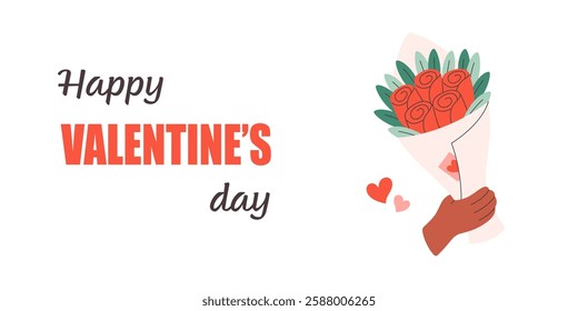 Happy Valentines Day greeting card with hand holding cute flower bouquet. Perfect for celebration Valentine Day, love couple, romantic gift. Vector illustration in flat style
