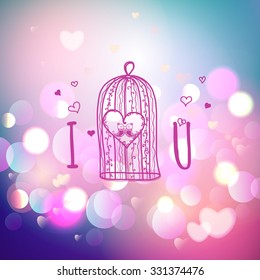 Happy Valentines Day Greeting Card with typography, heart, bird cage, birds.Bokeh background.  14 February. Love forever and ever. Vector illustration Blurred Soft Background.