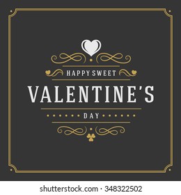 Happy Valentine's Day greeting card or poster vector illustration. Retro typographic design and heart shape golden style on black background.