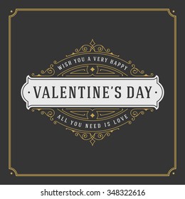 Happy Valentine's Day greeting card or poster vector illustration. Retro typographic design and heart shape golden style on black background.