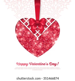 Happy Valentine's Day Greeting Card. Vector illustration. Shining Heart Shape with Lace.