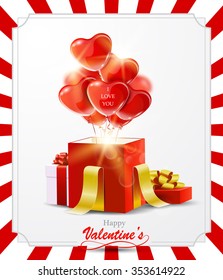 Happy Valentine's Day greeting card with heart balloons and gift boxes.
