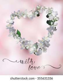 Happy Valentines Day Greeting Card  with blooming branches of Jasmine on a pink background Template Vector.