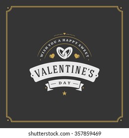 Happy Valentine's Day greeting Card or Poster and Heart vector illustration. Retro typographic design golden style on black background. Happy Valentines Day background, Valentines Card, Love Concept.