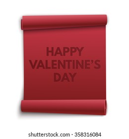 Happy Valentines day, greeting card template. Red, curved, paper banner on white background. Vector illustration