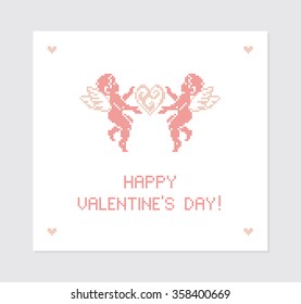 Happy Valentine's day! Greeting card. Cute Cupids. Cupid angels. Embroidery. Vector illustration.