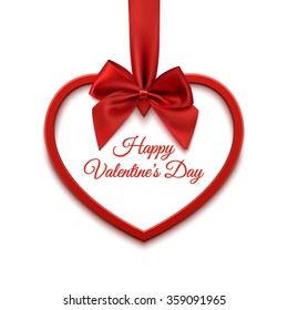 Happy Valentines day greeting card template. Red heart with red ribbon and bow, isolated on white background.  Vector illustration.