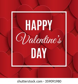 Happy Valentines Day greeting card template on seamles pattern with paper hearts. Vector illustration.