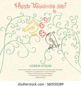 Happy Valentines Day. Greeting card or invitation. Concept. Monochrome black outline pattern with birds of curls Isolated on white background. Vector illustration