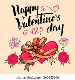 Happy Valentine's day greeting card. Brush calligraphy with two hearts tied with a ribbon bow and flowers 
