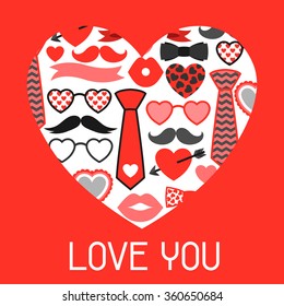 Happy valentines day greeting card. Hipster objects and love holiday symbols