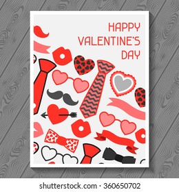 Happy valentines day greeting card. Hipster objects and love holiday symbols