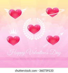 Happy Valentine's Day Greeting Card with red glossy hearts on pinky background, red hearts set, vector illustration EPS10