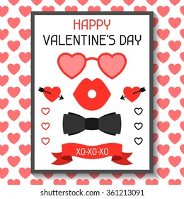 Happy valentines day greeting card. Hipster objects and love holiday symbols