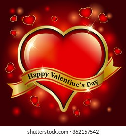 Happy Valentine's Day  Greeting Card with Heart and Golden Ribbon on a sparkling shiny background