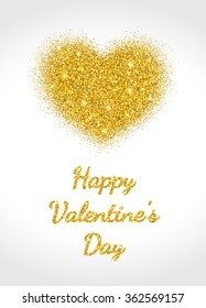 Happy Valentine's Day greeting card with gold glitter heart and sparkles