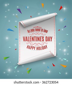 Happy Valentines day, greeting card template. curved, paper banner  Vector illustration.