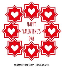Happy Valentine's Day greeting card with a red frame on a white background. Stitch wreath pattern with hearts. Vector illustration