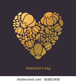 Happy Valentines Day Greeting Card. Golden Floral Heart. Vector Design Element for Greeting Card
