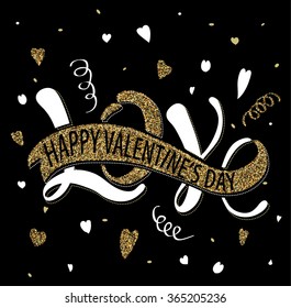 Happy Valentines day greeting card, vintage style icons in glitter gold texture and white colors with text label design.Romantic handwritten inscription. Vector illustration.