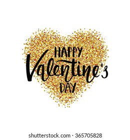 Happy Valentine's day greeting card. Golden heart on white background. Handwritten brush lettering. Vector illustration.
