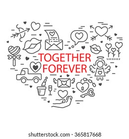 Happy Valentine's day greeting card design with line icons. Love elements in heart shape. Set of icons for labels, badges, illustrations, t-shirts, banners, flyers and other types of design.