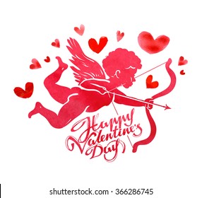 Happy Valentine's day. Greeting card. Angel, Cupid and hearts on a white background. Vector illustration